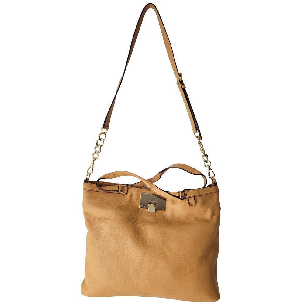 Michael Kors Channing Pebbled Leather Caramel Shoulder Crossbody Bag Gold Chain